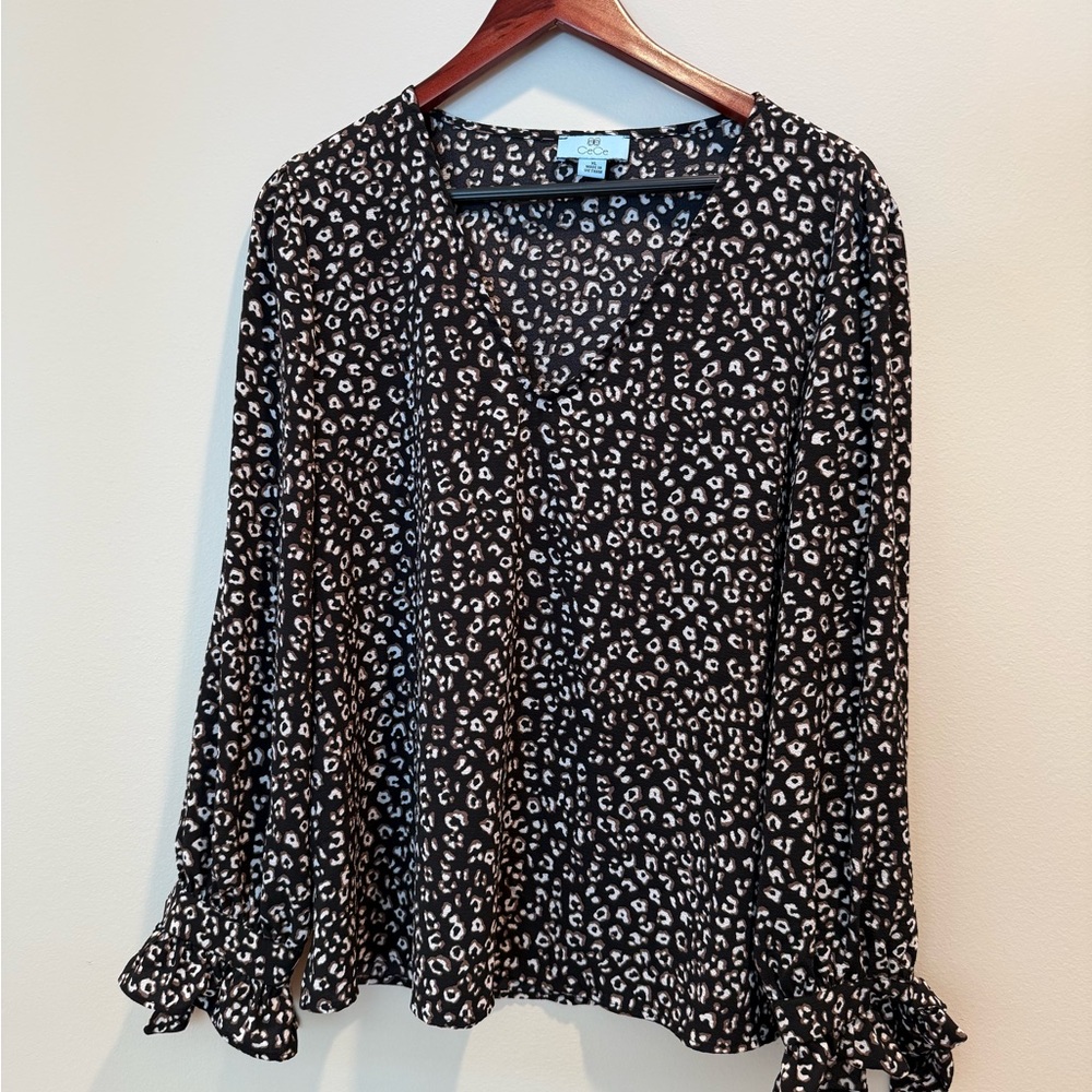 CeCe Black and White Leopard Print V-Neck Blouse